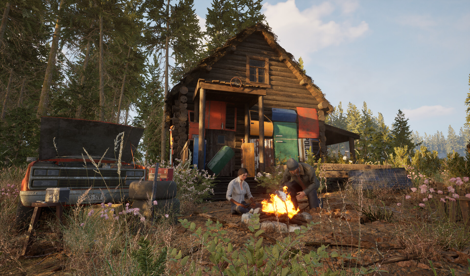 Online: 404 survivors gathered around a campfire outside a forest cabin
