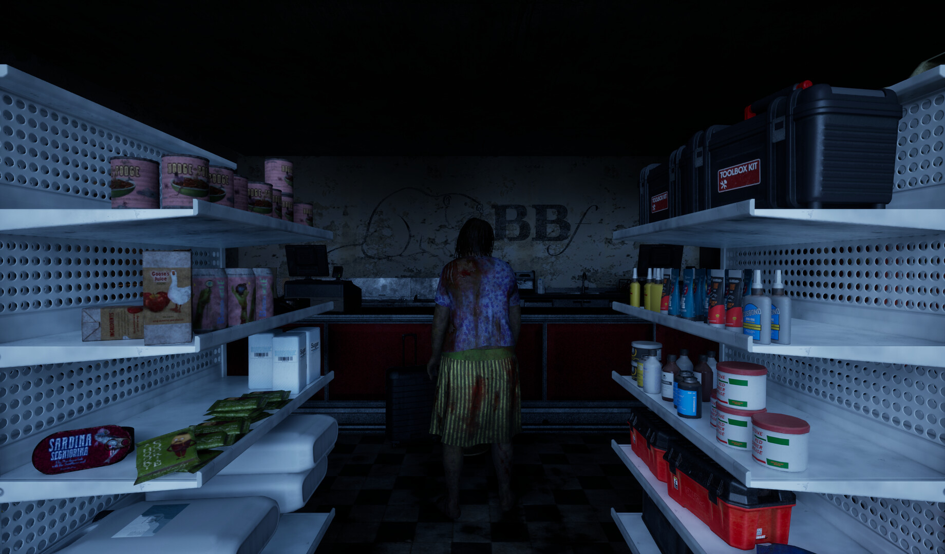 Online: 404 character standing in a dimly lit store aisle